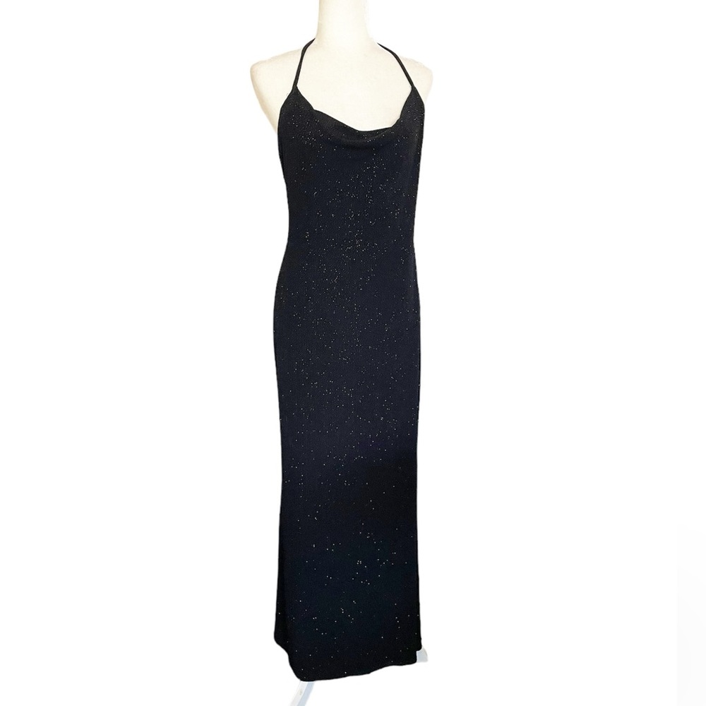 Jump Apparel Metallic Black Halter Open Back Y2K Prom Maxi dress size 11/12